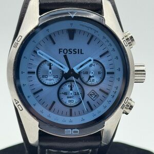 Fossil Coachman Chronograph Silver Dial Men's Watch Black Leather Strap 47mm
